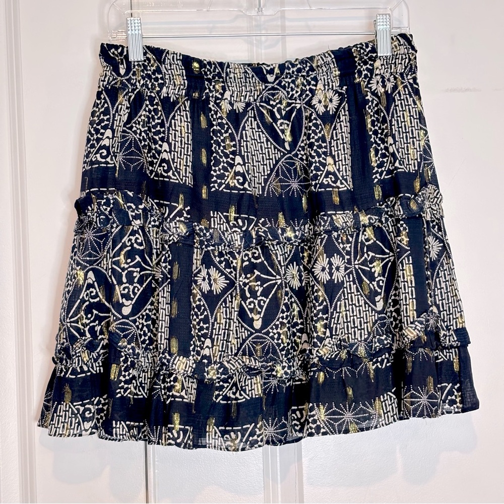 Liza Byrd Navy White Gold Block Print Tiered Ruffle Skirt S